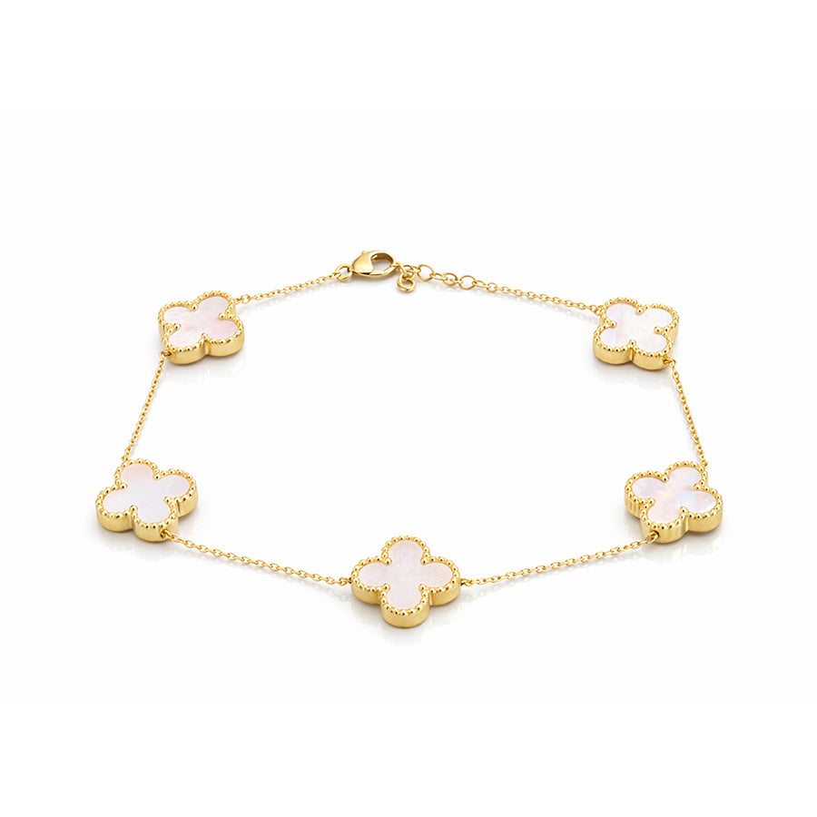 צמיד זהב בשילוב תליוני תלתן אם פנינה,  זהב 14K, דגם  POZBSSBF10810MP