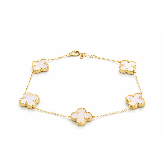 צמיד זהב בשילוב תליוני תלתן אם פנינה,  זהב 14K, דגם  POZBSSBF10810MP