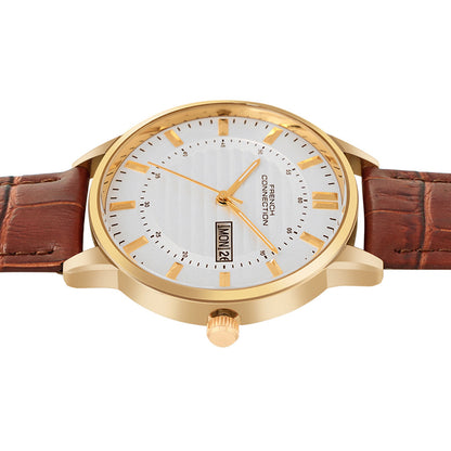 שעון לגבר מבית FRENCH CONNECTION עם לוח עגול כסוף במרקם וטקסטורה ורצועת עור חומה, דגם FCN0123SBRL