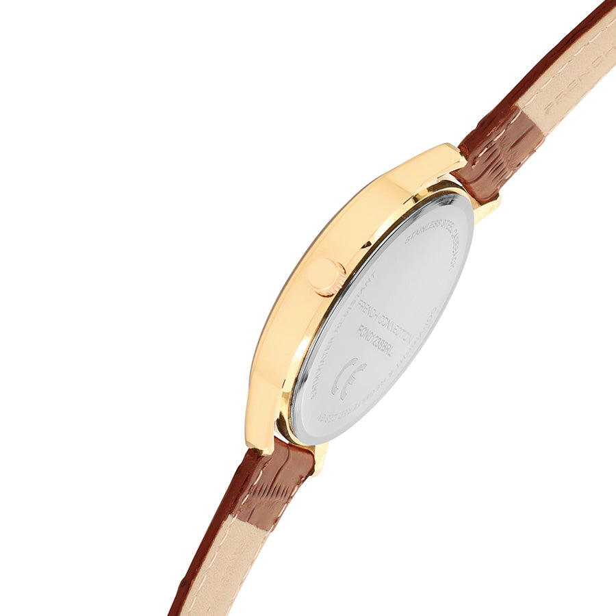 שעון לגבר מבית FRENCH CONNECTION עם לוח עגול כסוף במרקם וטקסטורה ורצועת עור חומה, דגם FCN0123SBRL