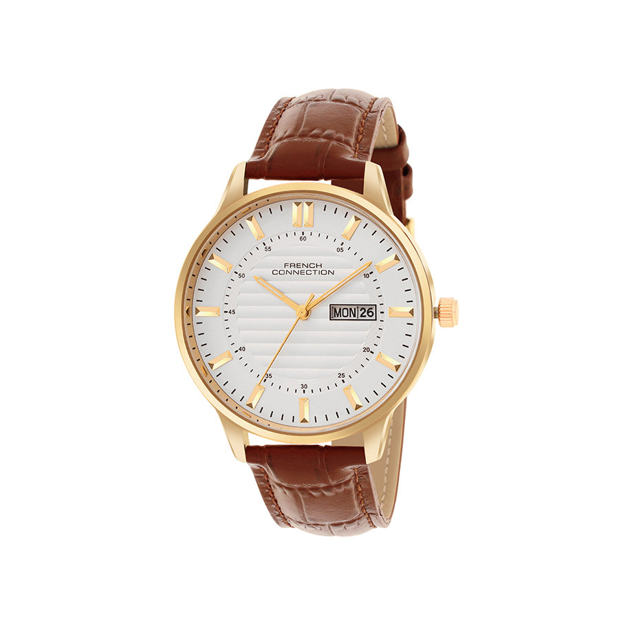 שעון לגבר מבית FRENCH CONNECTION עם לוח עגול כסוף במרקם וטקסטורה ורצועת עור חומה, דגם FCN0123SBRL