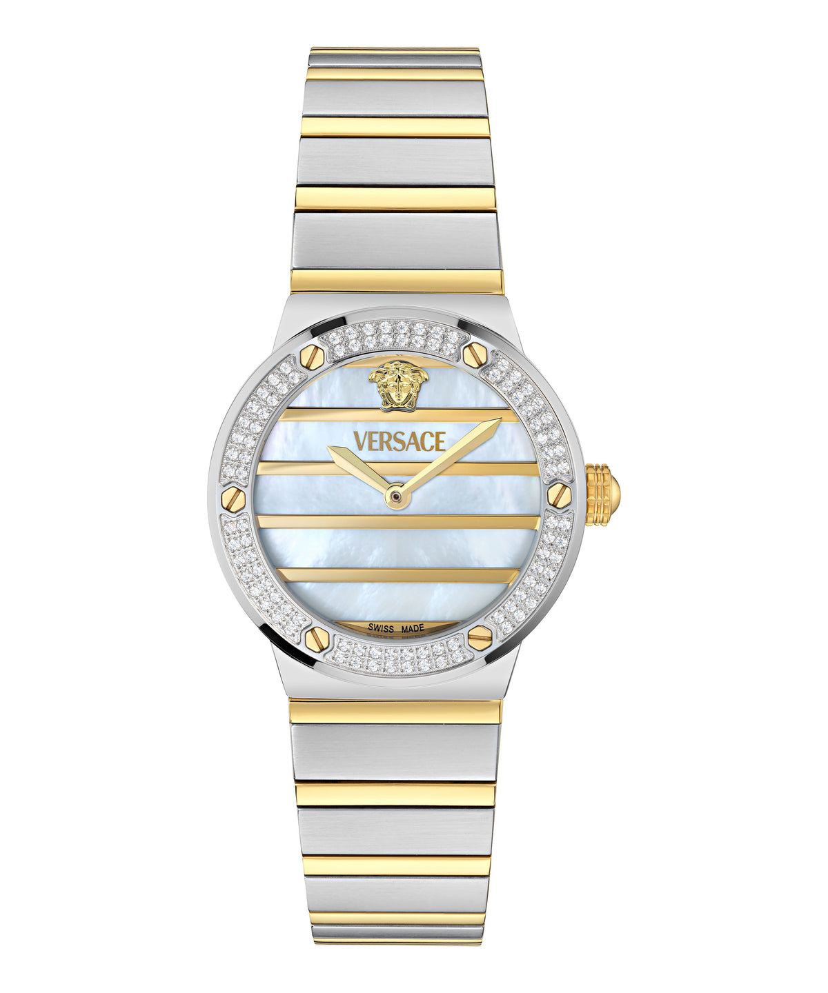 שעון VERSACE לאישה משובץ יהלומים מקולקציית TIMELESS – GRECA LOGO PEARL PRECIOUS, דגם VE3Y00126