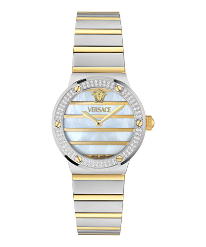 שעון VERSACE לאישה משובץ יהלומים מקולקציית TIMELESS – GRECA LOGO PEARL PRECIOUS, דגם VE3Y00126