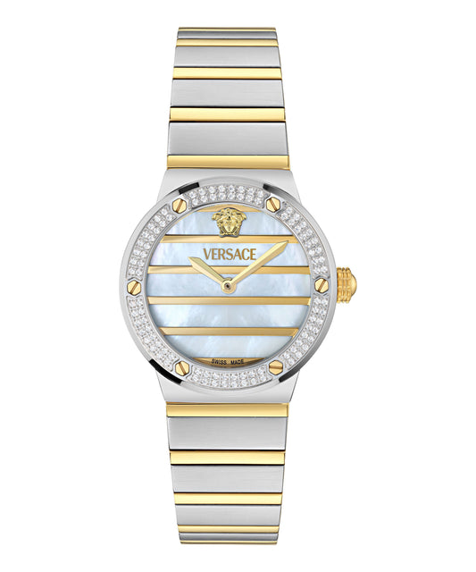 שעון VERSACE לאישה משובץ יהלומים מקולקציית TIMELESS – GRECA LOGO PEARL PRECIOUS, דגם VE3Y00126